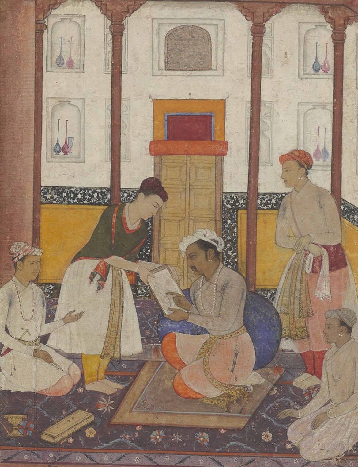 painting depicting Emperor Jahangir admiring a miniature presented to him